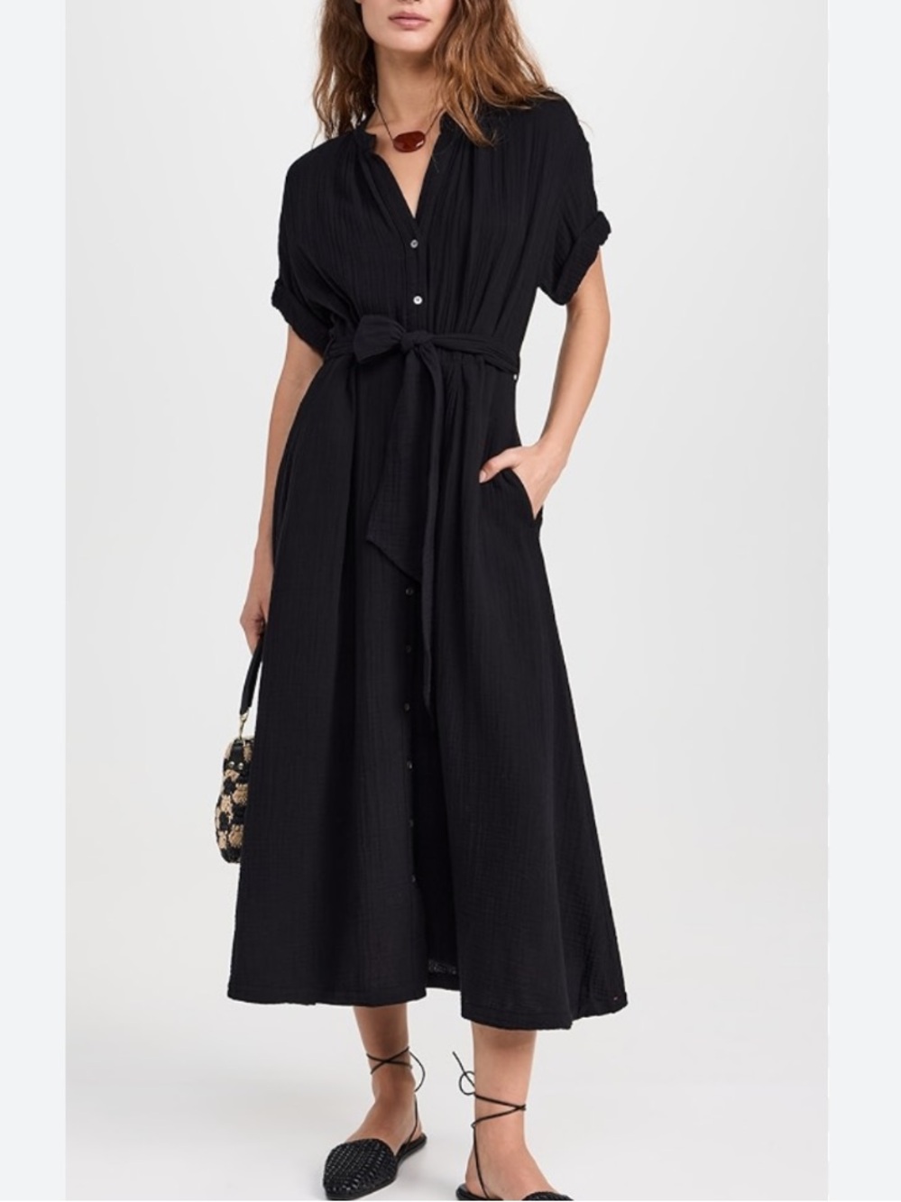XIRENA black cotton gauze button front belted cate midi dress sz xs